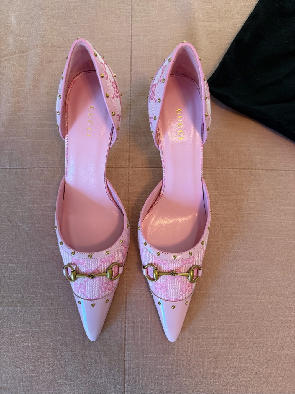 Pink Gucci Leather and Canvas Heels with Gold Horsebit
